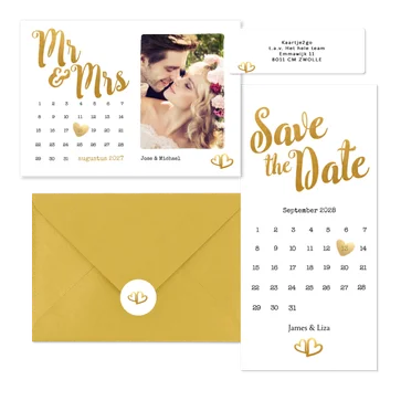 Trouwset met gouden typografie en kalenders
